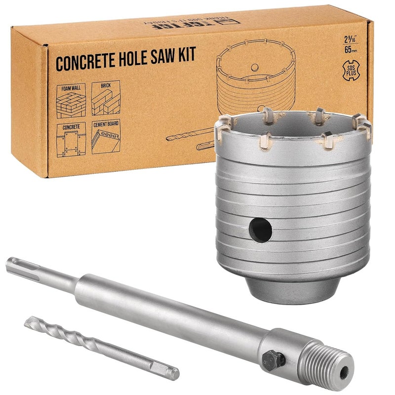 TGFTGF 65mm Concrete Hole Saw Kit, Tungsten Carbide Masonry Hole Saw Kit with 250mm SDS Plus Bit Shank Drill Bit Sets for Concrete, Brick, Stone, Cement, Tile, Wall Drilling - Image 1